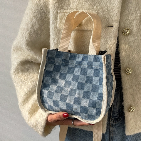 Borsa a Secchiello in Denim a Scacchiera per Donna Mini Borsa a Tracolla Con Tracolla Rimovibile Moda Borsa a Spalla Quotidiana