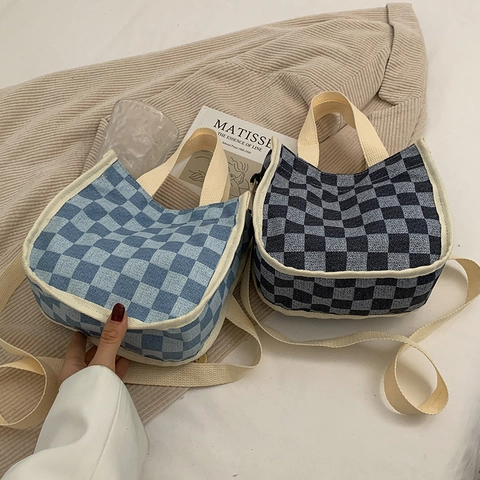 Borsa a Secchiello in Denim a Scacchiera per Donna Mini Borsa a Tracolla Con Tracolla Rimovibile Moda Borsa a Spalla Quotidiana