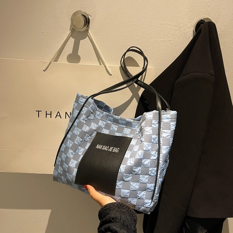 Borsa a Spalla da Donna Trapuntata a Scacchiera Borsa Tote in Tela di Grande Capacità Borsa a Mano Casual per Studenti Con Fibbia Magnetica