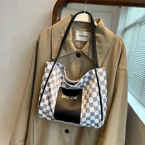 Borsa a Spalla da Donna Trapuntata a Scacchiera Borsa Tote in Tela di Grande Capacità Borsa a Mano Casual per Studenti Con Fibbia Magnetica