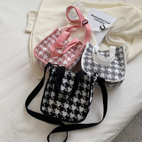 Hahnentritt Canvas Umhängetasche Für Damen Mode Mini Eimer Handtasche Mit Verstellbarem Schultergurt Rosa Weiß Schwarz