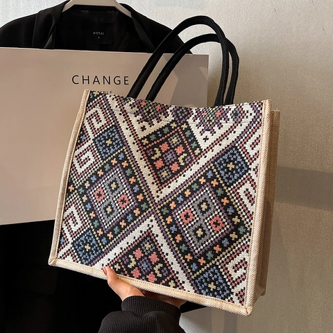 Borsa Tote da Donna in Tela con Motivo Geometrico Stile Etnico Grande Capacità Vintage Borsa a Tracolla Intrecciata Pendolare