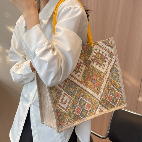 Borsa Tote da Donna in Tela con Motivo Geometrico Stile Etnico Grande Capacità Vintage Borsa a Tracolla Intrecciata Pendolare