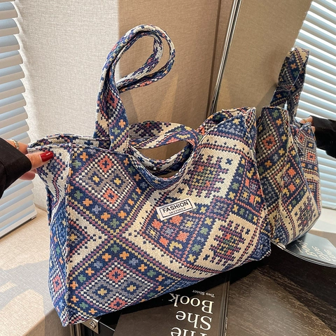 Borsa Tote in Tela Tessuta Etnica Geometrica da Donna Grande Capacità Stile Bohémien Borsa a Tracolla Pendolare Moda Borsa da Viaggio