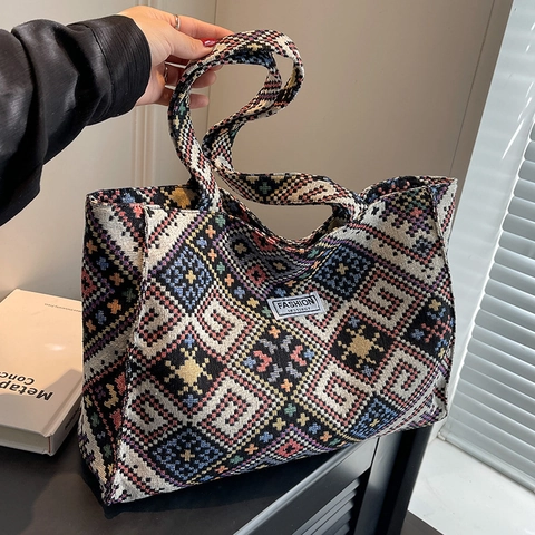 Borsa Tote in Tela Tessuta Etnica Geometrica da Donna Grande Capacità Stile Bohémien Borsa a Tracolla Pendolare Moda Borsa da Viaggio