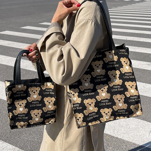 Women's Casual Canvas Tote Bag With Cartoon Bear Print Happy Little Bear Large Capacity Shoulder Bag Handbag For Student Daily Work