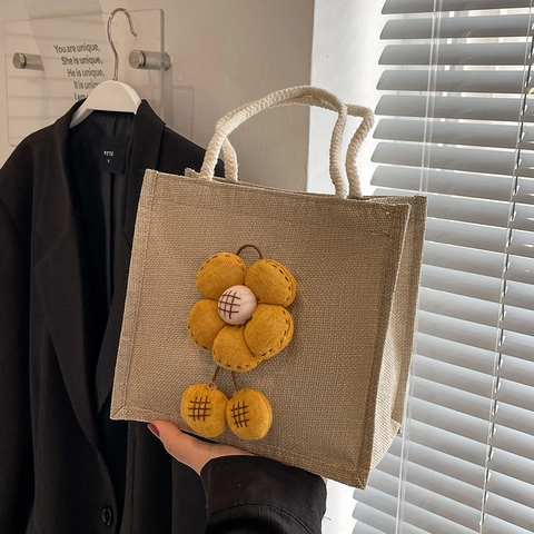 Simpatica Borsa Bento in Lino da Donna Decorazione Floreale Artistica Piccola Borsa a Mano Versatile Con Manico in Corda Tessuto Iuta