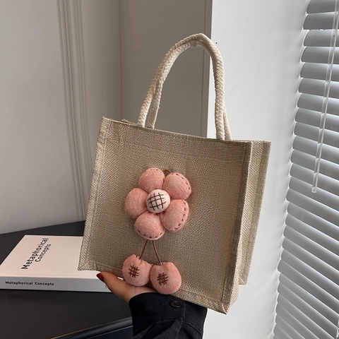 Simpatica Borsa Bento in Lino da Donna Decorazione Floreale Artistica Piccola Borsa a Mano Versatile Con Manico in Corda Tessuto Iuta