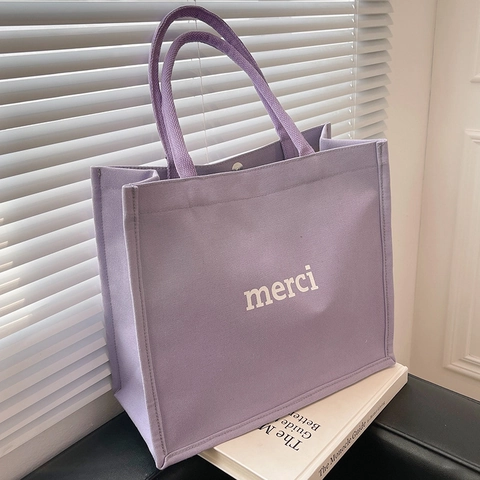 Große Kapazität Leinwand Tragetasche Für Damen Minimalistisch merci Buchstabe Druck Umhängetasche Französischer Stil Handtasche