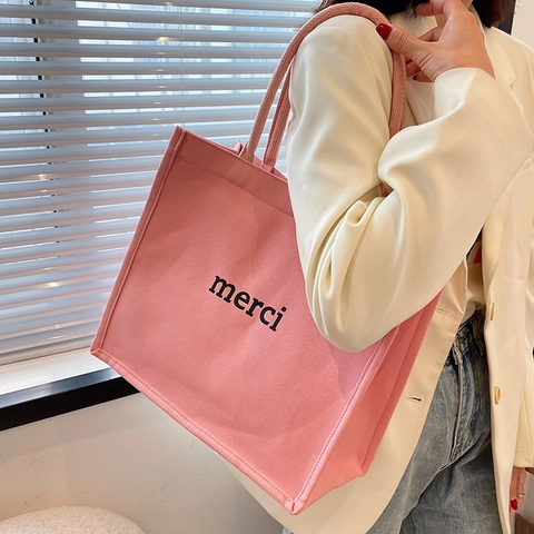 Große Kapazität Leinwand Tragetasche Für Damen Minimalistisch merci Buchstabe Druck Umhängetasche Französischer Stil Handtasche
