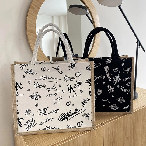 Women Large Capacity Canvas Linen Tote Bag Cow Pattern Letter Graffiti Print Casual Shoulder Handbag For School Daily Shopping