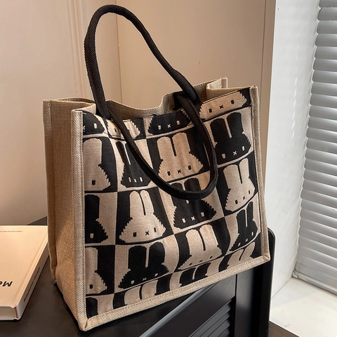 Mode Toile Damiers Lapin Sac Fourre-tout Grande Capacité Navettage Sac à Épaule Femme Décontracté Dessin Animé Style Sac à Main