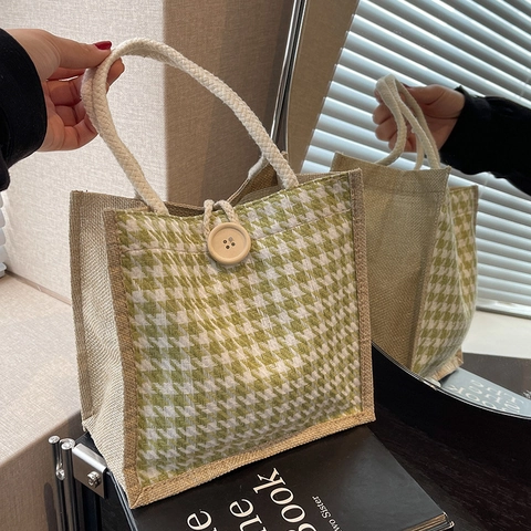 Damen Casual Leinen Tragetasche Mit Hahnentritt Zebra Muster Baumwollseil Griff Frische Handtasche Für Sommer Shopping