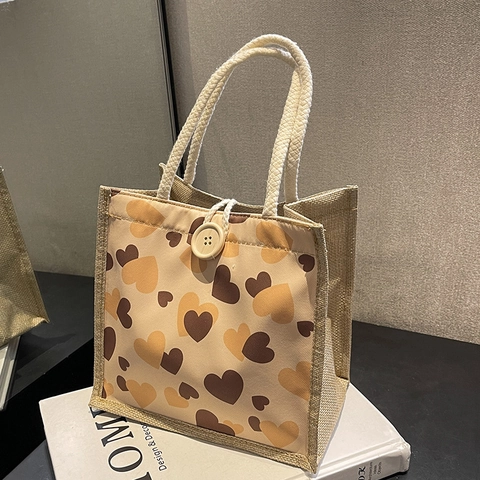 Herz-Druck Jute-Tragetasche Kleine Leinwand Handtasche Mit Seilgriff Holzknopf Für Damen Tägliche Lunchpaket Tragbare Tasche