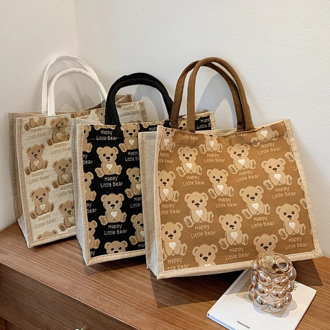 Sac Cabas en Coton Lin Grande Capacité pour Femmes Imprimé Ours Dessin Animé Sac à Épaule Décontracté Main Mode Shopping Voyage