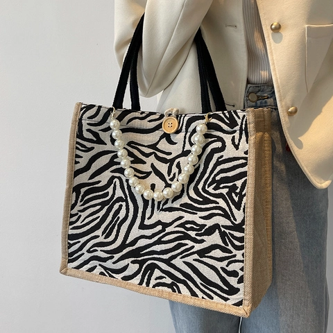 Borsa Tote in Tela Pied de Poule Vintage da Donna Borsa a Mano di Grande Capacità Con Catena di Perle Artificiali Motivo Zebra