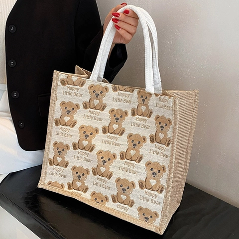 Sac Cabas en Coton Lin Grande Capacité pour Femmes Imprimé Ours Dessin Animé Sac à Épaule Décontracté Main Mode Shopping Voyage