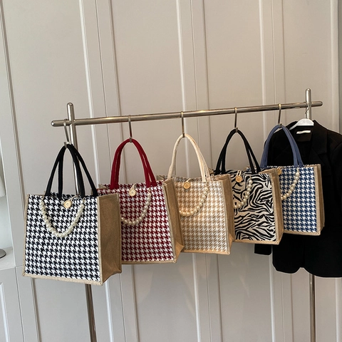 Borsa Tote in Tela Pied de Poule Vintage da Donna Borsa a Mano di Grande Capacità Con Catena di Perle Artificiali Motivo Zebra
