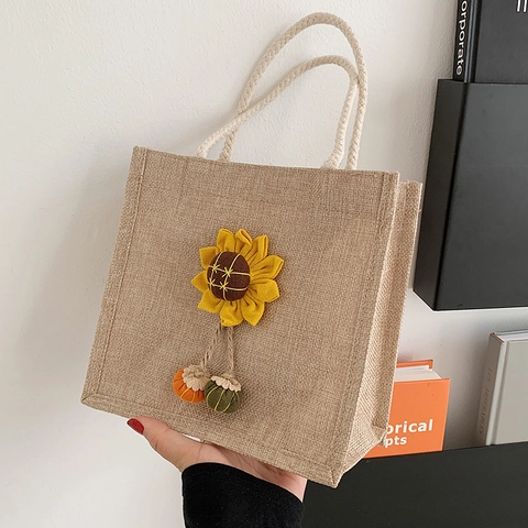 Women Fresh Pastoral Linen Tote Bag With Cotton Rope Handle Embroidered Floral Sunflower Cherry Fruit Vegetable Handbag