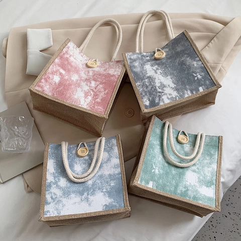 Borsa Tote in Tela di Juta Stile Giapponese da Donna Stampa Tie Dye Bottone in Legno Manico in Corda di Cotone Bento