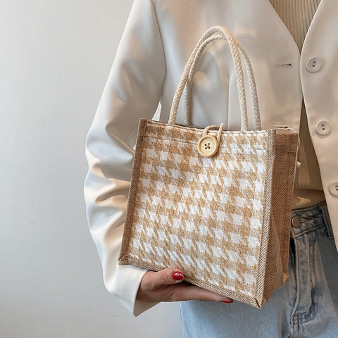 Borsa Tote in Juta da Donna Vintage Francese Borsa a Mano con Motivo Pied de Poule Zebra con Bottone in Legno e Manico in Corda