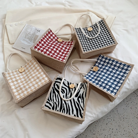 Borsa Tote in Juta da Donna Vintage Francese Borsa a Mano con Motivo Pied de Poule Zebra con Bottone in Legno e Manico in Corda