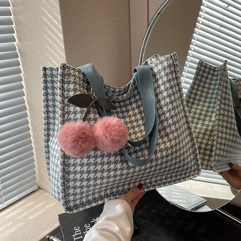 Women Houndstooth Canvas Tote Bag Large Capacity Shoulder Bag With Cherry Pendant Fashion Casual Commuter Handbag For Students