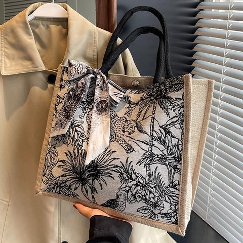 Fashion Canvas Tote Bag For Women Vintage Toile De Jouy Print Large Capacity Shopping Bag With Satin Scarf Elegant Handbag