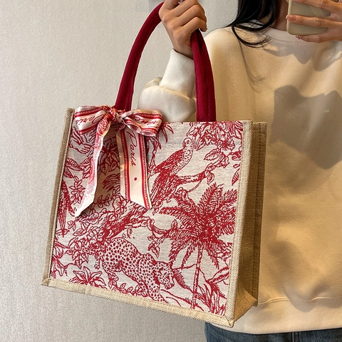 Fashion Canvas Tote Bag For Women Vintage Toile De Jouy Print Large Capacity Shopping Bag With Satin Scarf Elegant Handbag
