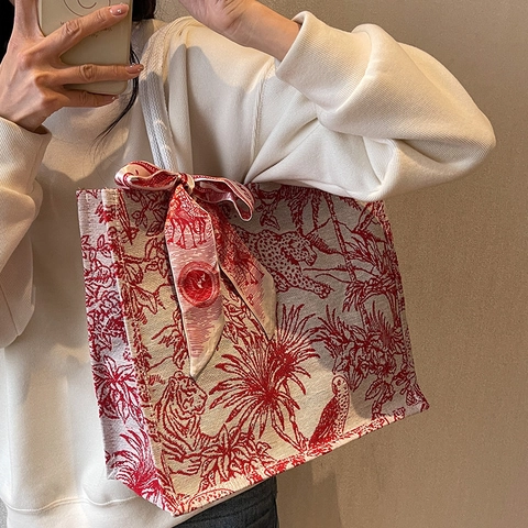 Γαλλική Vintage Toile De Jouy Τσάντα Tote από Καμβά για Γυναίκες Μεγάλη Χωρητικότητα Jungle Animal Print Τσάντα Ώμου Με Μεταξωτό Μαντήλι