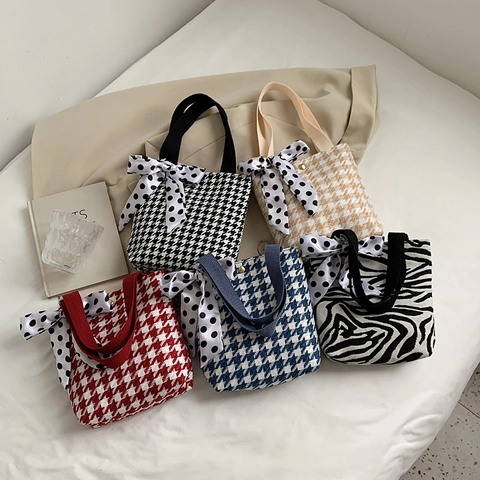 Japanese Style Women Canvas Houndstooth Handbag Printed Tote Bag Polka Dot Bow Ribbon Fashion Small Top Handle Bag For Daily