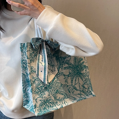 Γαλλική Vintage Toile De Jouy Τσάντα Tote από Καμβά για Γυναίκες Μεγάλη Χωρητικότητα Jungle Animal Print Τσάντα Ώμου Με Μεταξωτό Μαντήλι