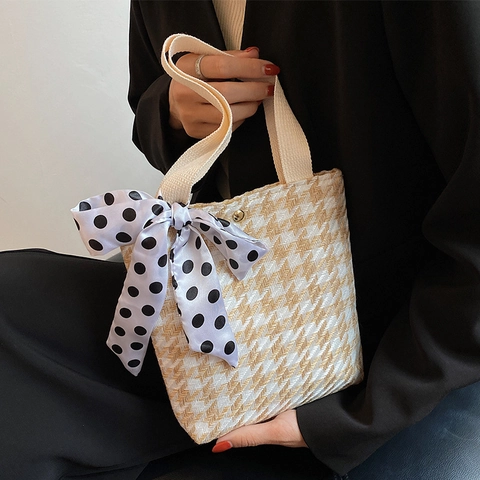 Japanese Style Women Canvas Houndstooth Handbag Printed Tote Bag Polka Dot Bow Ribbon Fashion Small Top Handle Bag For Daily