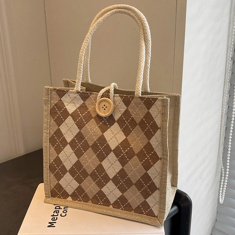 Dames Canvas Handtas Argyle Diamant Patroon Retro Draagtas Met Touw Handvat Houten Knoop Casual Japanse Stijl Shopper Tas