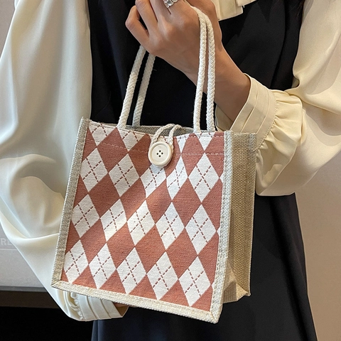 Dames Canvas Handtas Argyle Diamant Patroon Retro Draagtas Met Touw Handvat Houten Knoop Casual Japanse Stijl Shopper Tas