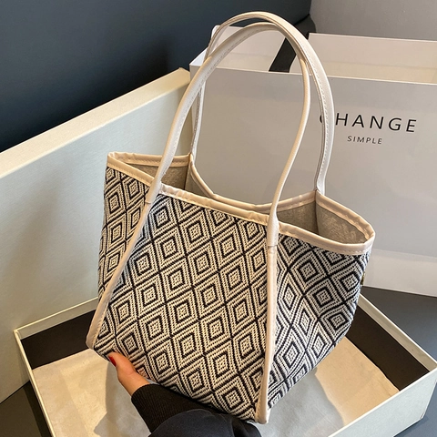 Dames Stedelijk Minimalistisch Geometrisch Ruitpatroon Canvas Emmer Tas Mode Geweven Tote Schouder Crossbody Tas Voor Dagelijks Gebruik