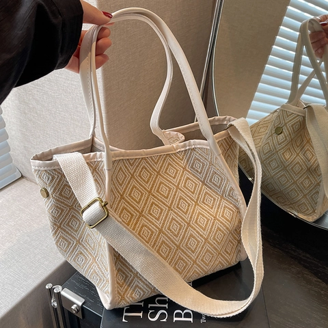 Dames Stedelijk Minimalistisch Geometrisch Ruitpatroon Canvas Emmer Tas Mode Geweven Tote Schouder Crossbody Tas Voor Dagelijks Gebruik