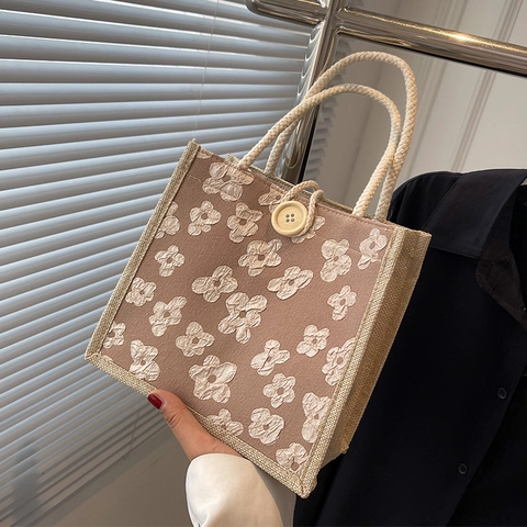 Borsa Tote da Donna in Tela con Fiori 3D Dolce Mini Borsa a Mano in Tessuto Jacquard Borsa Casual Porta Pranzo con Manico in Corda