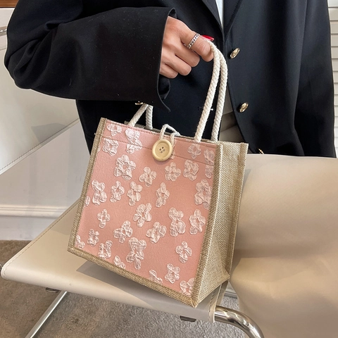 Borsa Tote da Donna in Tela con Fiori 3D Dolce Mini Borsa a Mano in Tessuto Jacquard Borsa Casual Porta Pranzo con Manico in Corda