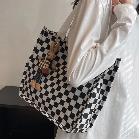 Borsa Tote in Tela a Scacchi Grande Capacità Borsa a Tracolla Minimalista per Donna Studenti Pendolarismo Quotidiano