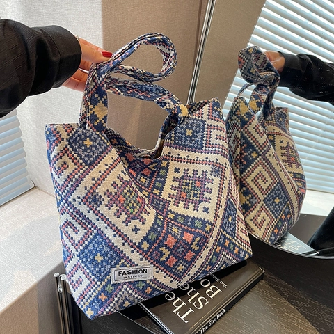 Grand Sac Fourre-tout Tissé Jacquard Géométrique Bohême pour Femmes Sac à Épaule en Toile Ethnique Rétro Grande Capacité Quotidien