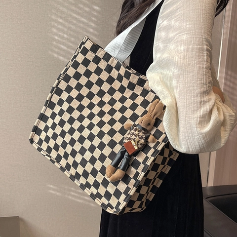 Borsa Tote in Tela a Scacchi Grande Capacità Borsa a Tracolla Minimalista per Donna Studenti Pendolarismo Quotidiano
