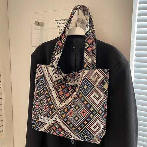 Grand Sac Fourre-tout Tissé Jacquard Géométrique Bohême pour Femmes Sac à Épaule en Toile Ethnique Rétro Grande Capacité Quotidien
