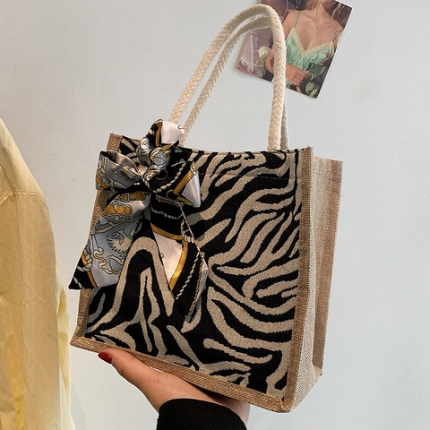 Women Vintage Jute Linen Handbag Houndstooth Zebra Print Tote Bag With Rope Handle Portable Bento Lunch Bag For Vacation Everyday