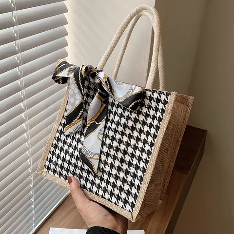 Women Vintage Jute Linen Handbag Houndstooth Zebra Print Tote Bag With Rope Handle Portable Bento Lunch Bag For Vacation Everyday