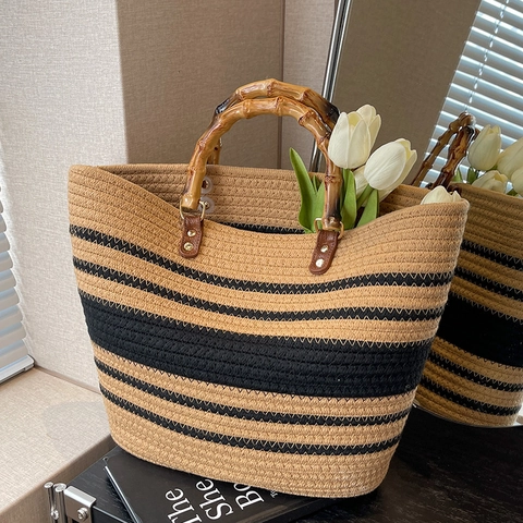 Handmade Woven Straw Tote Bag With Bamboo Handle Large Capacity Striped Summer Beach Handbag Women Casual Vacation Bag