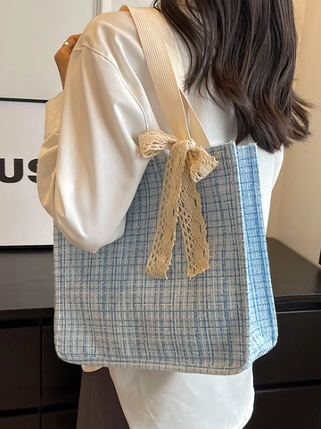 Japanischer Ins Stil Canvas Tragetasche Große Kapazität Für Damen Süße Spitze Schleife Schultertasche Kariert Pendler Handtasche