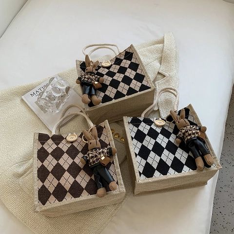 Borsa a Mano Vintage in Lino Argyle Con Manico in Corda Intrecciata per Donna Piccola Borsa Tote a Quadri Retro per Ufficio Pendolarismo