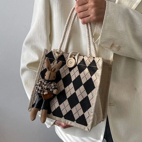 Borsa a Mano Vintage in Lino Argyle Con Manico in Corda Intrecciata per Donna Piccola Borsa Tote a Quadri Retro per Ufficio Pendolarismo