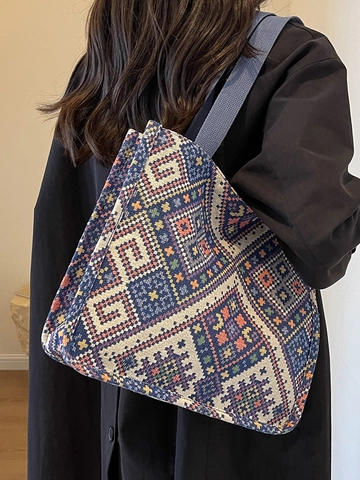Borsa Tote in Tela Tessuta Geometrica Etnica per Donna Borsa a Tracolla Jacquard Retro Grande Capacità Casual Pendolare
